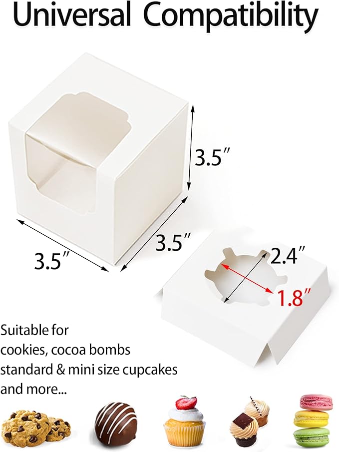 Happyhiram Cupcake Boxes 50 Pcs White Individual Cupcake Box, Single Container Cardboard Holders with Insert and Window for Muffins Cocoa Bombs Packaging Togo Boxes for Birthdays Showers Party Favors