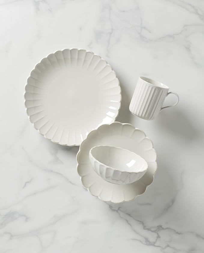 Lenox Dinnerware Set, French Perle Scallop 4-Piece Place Setting, Service For 1, Dinnerware Set, Stoneware, Includes Plates, Bowl, and Mug, Dishwasher And Microwave Safe, Dish Set (White, 4 Piece)
