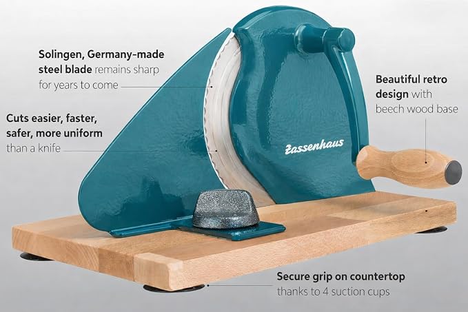 Zassenhaus Original Classic Adjustable Bread Slicer for Uniform Slices - Bread Slicer for Homemade Bread - 18/8 Stainless Steel Blade Sourdough Cutter-Water Blue 11.75" x 8"