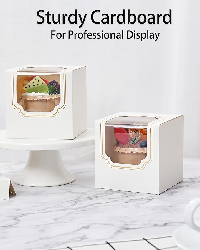Happyhiram Gold Foil Cupcake Boxes 50 Pcs, Individual Cupcake Box for Graduation Party Single Cupcake Containers Cardboard Holders with Window and Insert Cocoa Bombs Packaging Togo Boxes