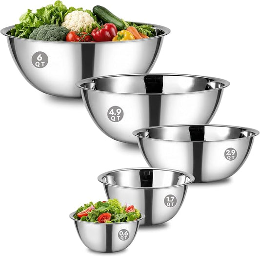 CURTA Stainless Steel Mixing Bowls Set of 5, Heavy Duty Nesting Metal Bowls with Flat Base, 0.6 to 6 QT Kitchen Prep Bowls for Baking, Cooking, Salad Mixing & Bread Dough Kneading