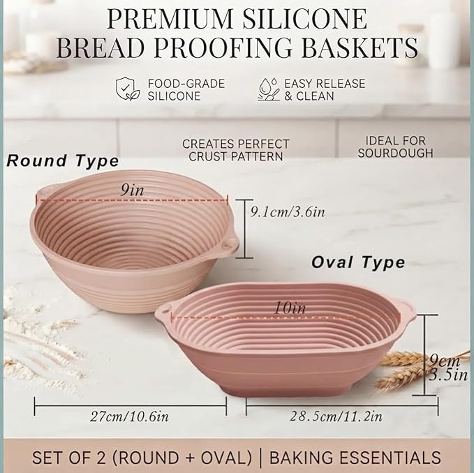 2-Pack Silicone Bread Proofing Basket,10" & 9" Collapsible Banneton for Sourdough, Non-Stick Dishwasher Safe Alternative to Rattan, Professional Baking Supplies(Round Pink+Oval Pink)