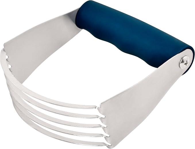 R&M Dough Blender for Cutting and Blending Dough, Mashing Fruit, Mixing Dry Ingredients and More. Stainless Steel with Non-slip Blue Handle.