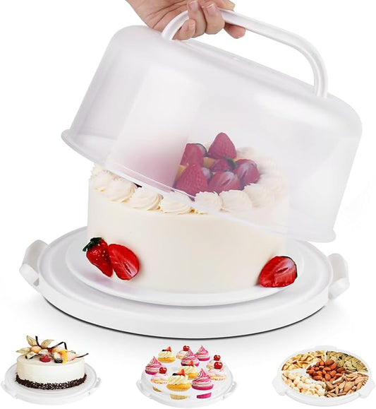 Cake Carrier with Lid and Handle, BPA-Free Cake Containers Cake Stand for 10 inch Cake with 2 Handles Cupcake Carrier - Plastic Cover Two Sided Base for Transport Pie Nuts Fruit Perfect Gifts