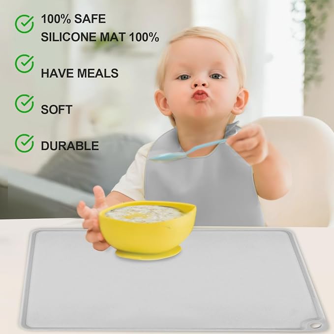 Gray Baking Mat -Food Grade Standard Silicone Mat for Kids Dinner Placemat Reusable Kitchen Countertop Mats Dough Pad with Raised Edges Heat Resistant Mat for Air Fryer (1Pack 23.6'' x 15.7'')