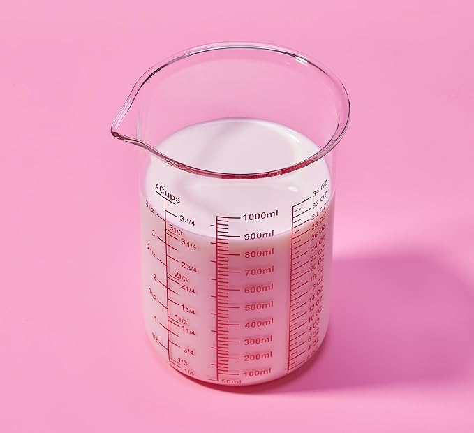 High Borosilicate Glass Measuring Cup-V-Shaped Spout，Glass Measuring Beaker for Kitchen or Restaurant, Easy to Read, 1000 ML (32 Oz, 4Cup)