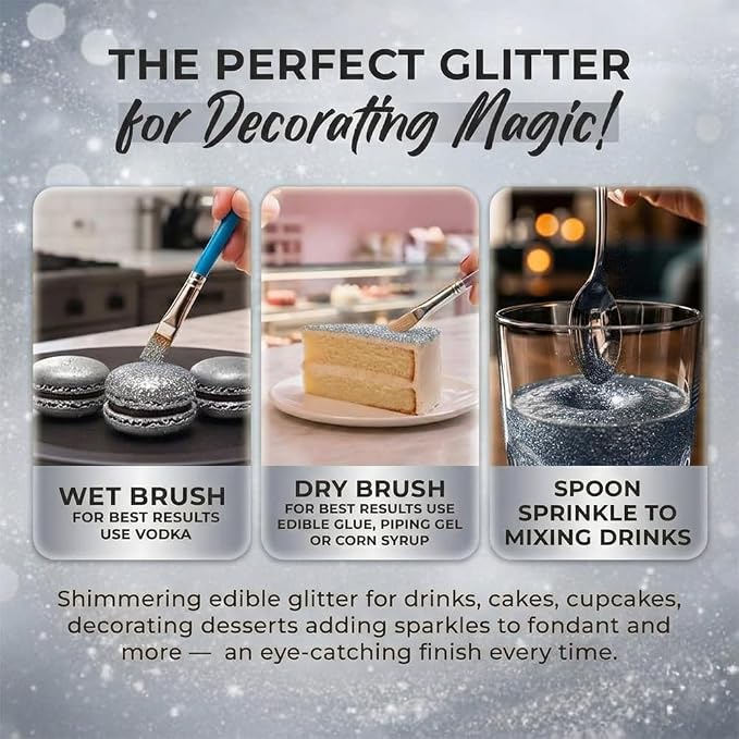 Silver Edible Glitter for Drinks 20g - Silver Edible Glitter for Cakes Cocktails Metallic Cake Decoration Sprinkles - Luster Dust for Cocktail & Cake Topper Chocolate Baking Decorating Fondant Cookies - Drink Shimmer Spray - Food Grade Vegan, Kosher, H...