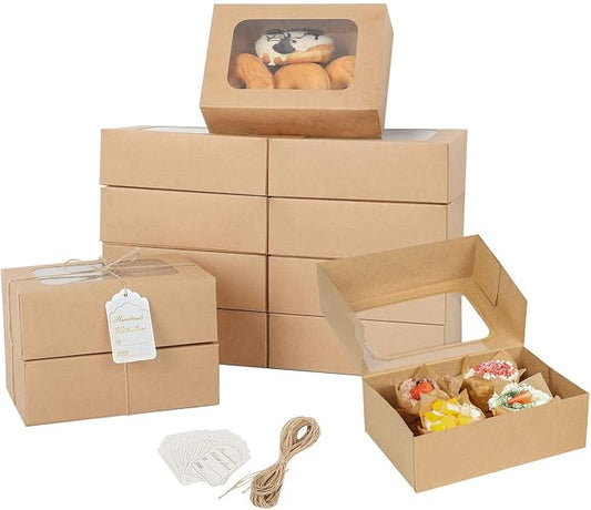 YEKTFS 24 Pcs Cookie Boxes with Window for Paper Gift Giving Brown Bakery Gift Boxes 9 x 6.3 x 3 Inch, Easy Estate Holiday Packaging for Cookie, Cupcaked, Donuts & Pastries