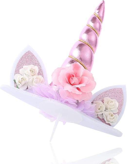 Unicorn Cake Topper Birthday Party Supplies Cute Handmade Cake Decoration Pink Unicorns Horn Cake Topper Decorations for Girls First Birthday Cake Accessories with Eyelashes, 5.8 Inch