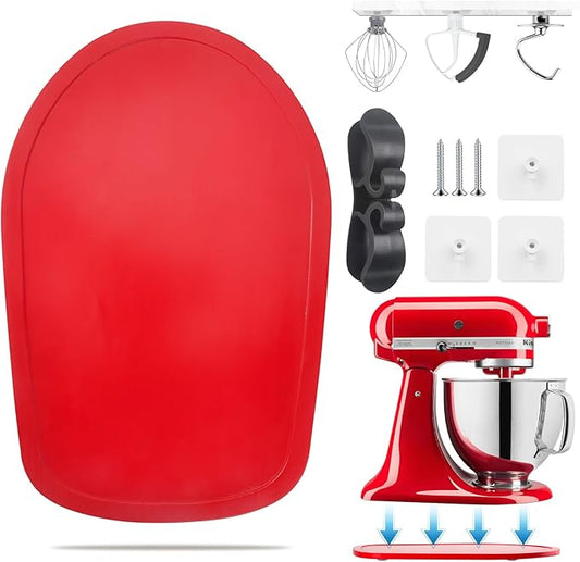 Sliding Mat for Kitchen aid 4.5-5 Qt Stand Mixer with 1Pc Cord Organizer and 3Pcs Attachment Holder for Kitchen Appliance Slider (4.5-5 Qt Bamboo and Attachment, Red)