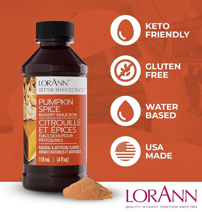 Lorann Oils Pumpkin Spice Bakery Emulsion: Genuine Pumpkin Spice Blend, Perfect for Boosting Fall Flavors in Cakes, Cookies & Desserts, Gluten-Free, Keto-Friendly, Pumpkin Spice Flavoring Essential