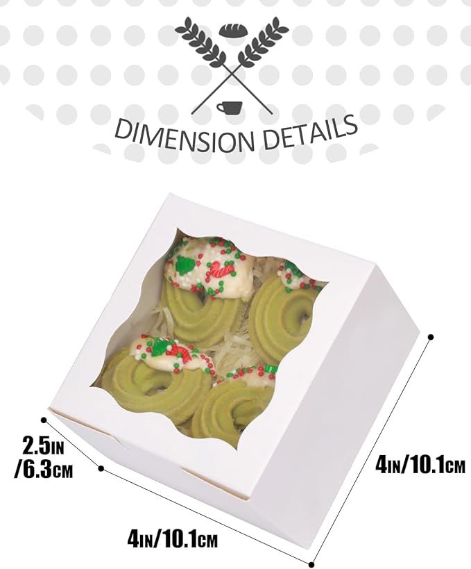 Bakepacker White Bakery Boxes with Window - 4x4x2.5 inches Small Size Pastry & Mini Cookie Boxes for Bakeries - Thick & Sturdy (100 Packs)