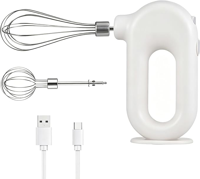 Cordless Hand Mixer, Electric Hand Whisk Portable Egg Beater Handheld Egg Beater Electric Handheld 4 Speed Adjustable Mini Hand Mixer Electric Mixer, USB Charing, 1500mah(White)