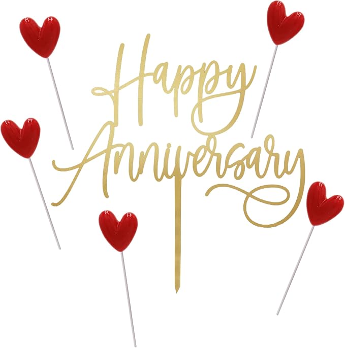 Happy Anniversary Cake Topper Happy Anniversary Cake Decorations for Party Decorations (gold red heart)