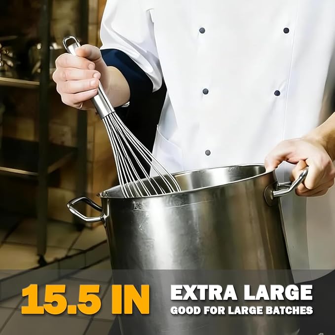 18/10 Stainless Steel Large Whisk Set of 2, 15.5 inch Heavy Duty Long Whisk and 12 inch Whisks, Suitable for Deep Pots or Big Bowl, Mixing, Beating, Blending
