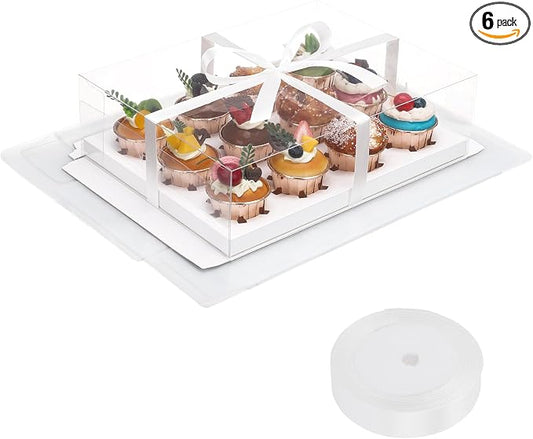 EUSOAR Cupcake Containers, 6 Pack White Clear Muffins Pastry Boxes 12 Count Bakery Cake Container with Gift Ribbon, Rectangle Dessert Pastry Holder Cookies Wrappers for Birthday Wedding Party