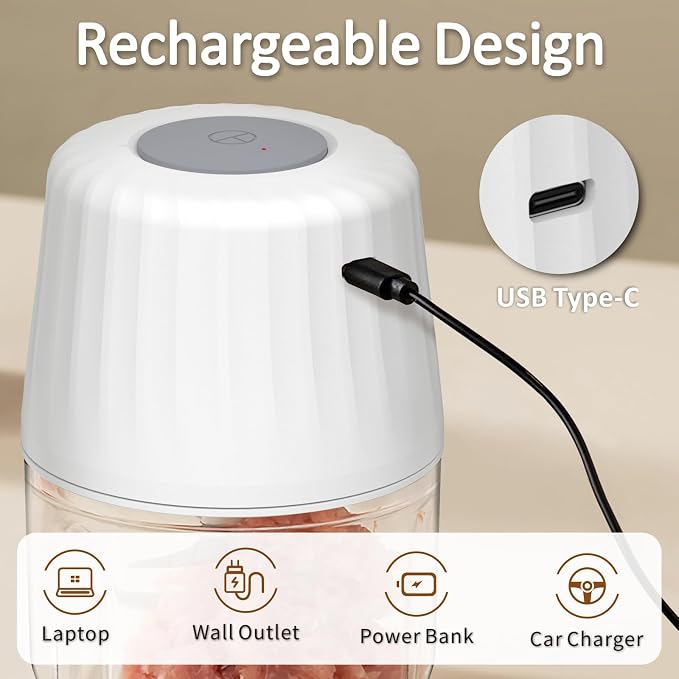 Mini Garlic Chopper, 250ml Small Food Processor Cordless 1 Cup, Battery USB-C Rechargeable Electric Food Chopper Wireless, Portable Garlic Grinder Masher,Veggie Meat Blender Mincer Kitchen Mixer,White