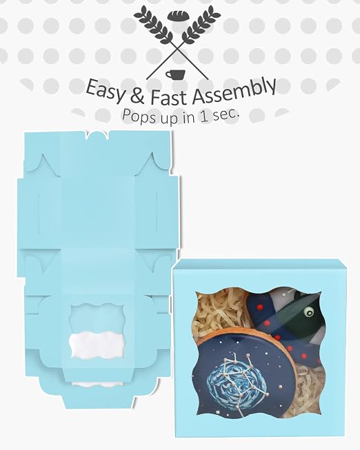 qiqee Light Blue Bakery Boxes with Window 55pcs 4x4x2.5 Mini Cookie Boxes Macaron Boxes Small Donut Pastry Boxes for Party
