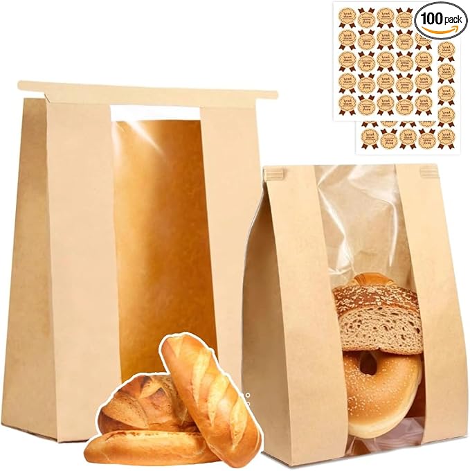 PAICUIKE 100 Pack Large Kraft Paper Bread Bags for Homemade Bread Sourdough Bags 13.7" x 8.2" x 3.5" with Tin Tie Tab Lock Clear Front Window Bakery Bag Packaging Cookie Bag with Label Seal Stickers