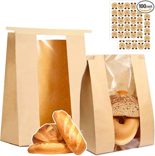 PAICUIKE 100 Pack Large Kraft Paper Bread Bags for Homemade Bread Sourdough Bags 13.7" x 8.2" x 3.5" with Tin Tie Tab Lock Clear Front Window Bakery Bag Packaging Cookie Bag with Label Seal Stickers