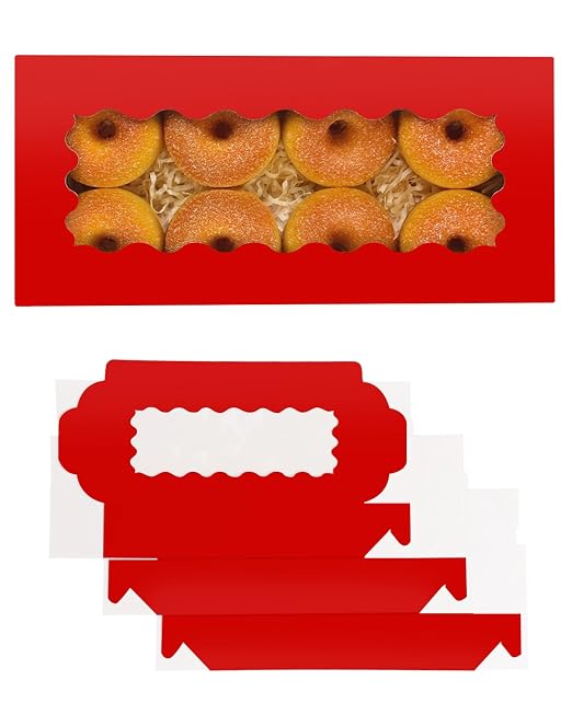 qiqee 50 Packs Red Cookie Box with Window 12x5.5x2.5 Inch Two Uses Pastry Biscuit Bakery Box For Packaging