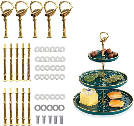 iSuperb 5 Sets 3 Tier Cupcake Stand Hardware Handles, Vintage Tray Stand Center Holder Fitting with Screws and Flat Washers for Party Wedding Display Stand (Leaf Golden)