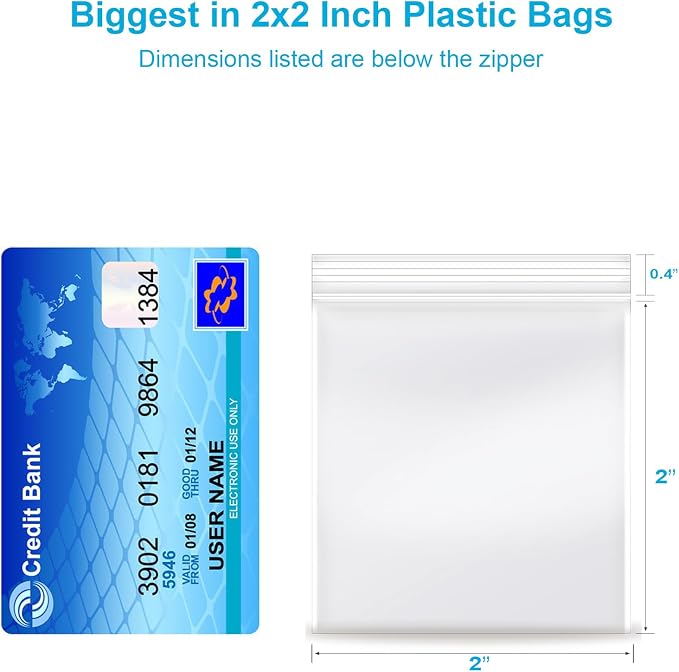 2''x 2'', (Pack of 100) 2 mil Thick Clear Plastic Reclosable Zip Poly Bags with Resealable Lock Seal Zipper for Photo, Jewelry, Bakery, Treats, Travel, Storage, Packaging & Shipping