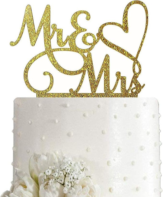 Mr and Mrs Cake Topper, Bride and Groom Sign Wedding / Engagement Cake Toppers Decoration, Gold Glitter Acrylic
