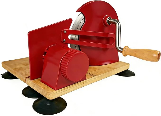Sourdough Bread Slicer Machine Adjustable Thickness Stainless Steel Blade Bread Sourdough Cutter with 6 Large Suction Cups Foldable Compact Design Non-Slip Base for Homemade Bread Slicing (Red)