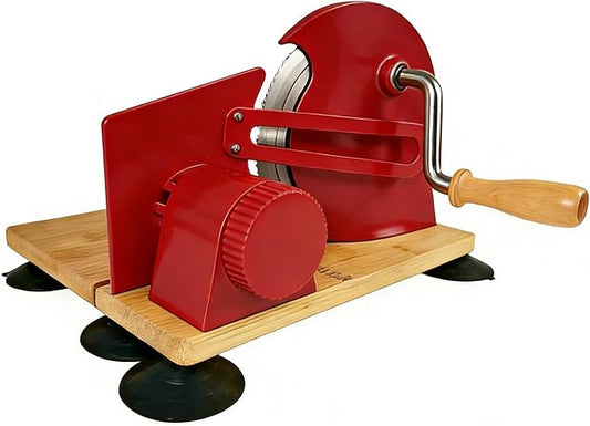 Sourdough Bread Slicer Machine Adjustable Thickness Stainless Steel Blade Bread Sourdough Cutter with 6 Large Suction Cups Foldable Compact Design Non-Slip Base for Homemade Bread Slicing (Red)