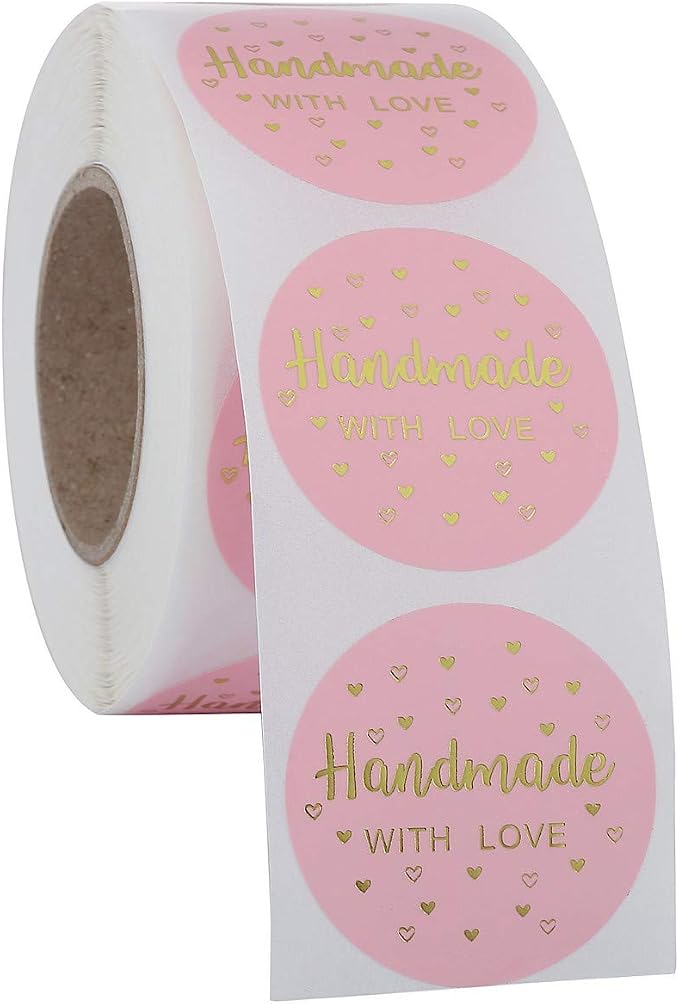 Yoption 1.5 Inch Round Handmade with Love Stickers Pink for Packaging, Cookie Bags, Small Shop Local Handmade, 500 Labels per Roll