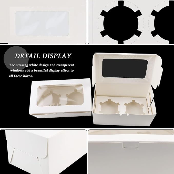 30 Pack White Paper Cupcake Boxes with 2 Cavity Cookie Gift Boxes with Clear Window 2 Treat Holder Cupcake Containers Bakery Cake Box for Birthday Party Holiday Bakery Supplies