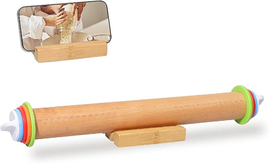 Adjustable Rolling Pin with Thickness Rings, Wood Dough Roller | natural beech wood, 8 plastic thickness rings, double-sided wooden stand, 17/14 inch, for pizza pasta cookies fondant clay