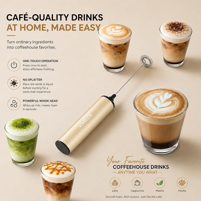 Rechargeable Milk Frother, Electric Coffee Foamer, Handheld Drink Mixer for Latte, Cappuccino, Coffee, Eggs, Hot Chocolate, Protein,Beige