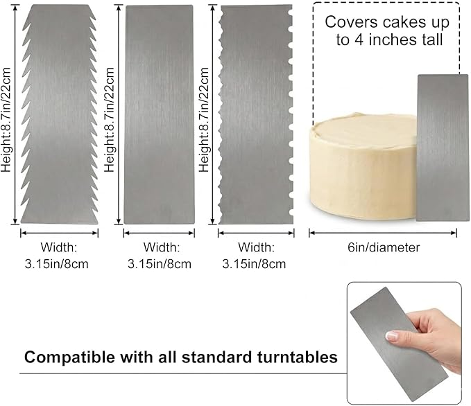 3 Pcs Stainless Steel Cake Scraper Set, 8.7 Inch Chevron Fir-Tree, Double-Sided Stripe & Wave, Smooth Edge Icing Smoother for Buttercream Cake Decorating