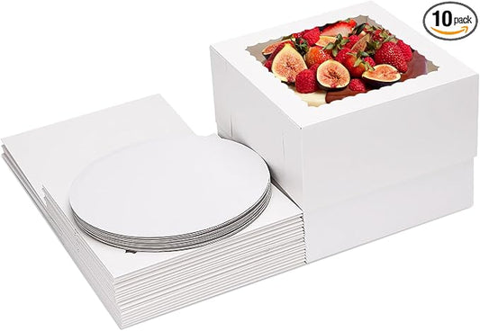 Moretoes 10 Sets Cake Boxes with Boards, 10x10x8 Inches Tall Bakery Boxes with Cake Boards with Window, Cajas Pasteles for Valentine's Day, Mother's Day, Pastries, Chocolates, Cookies, Pie