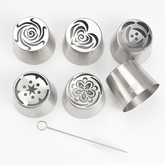 Extra Large Russian Piping Tip Set - 6 Stainless Steel Marshmallow Buttercream Framing Nozzles for 3D Roses Tulip Cake Decorations and Marshmallow Bouquets, Includes 1 Cleaning Brush(6I)