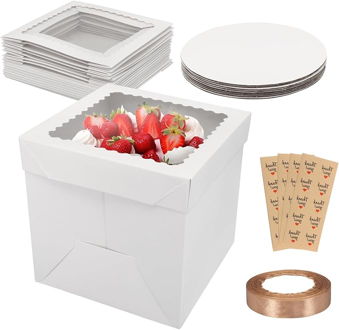10 Pack Cake Boxes,Tall Cake Box with Window, White Bakery Boxes, 8x8x8 Inch Large Baking Boxes with Sticker, Cardboard Cake Box for Multi-Layer Cakes, Cake Decorating Supplies for Gift Giving