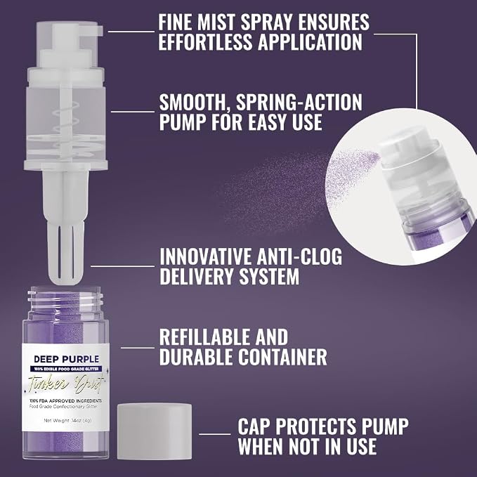 Bakell - Deep Purple Tinker Dust (4g, 1x Mini Spray Pump) Edible Glitter for Food, Desserts, and Baked goods!