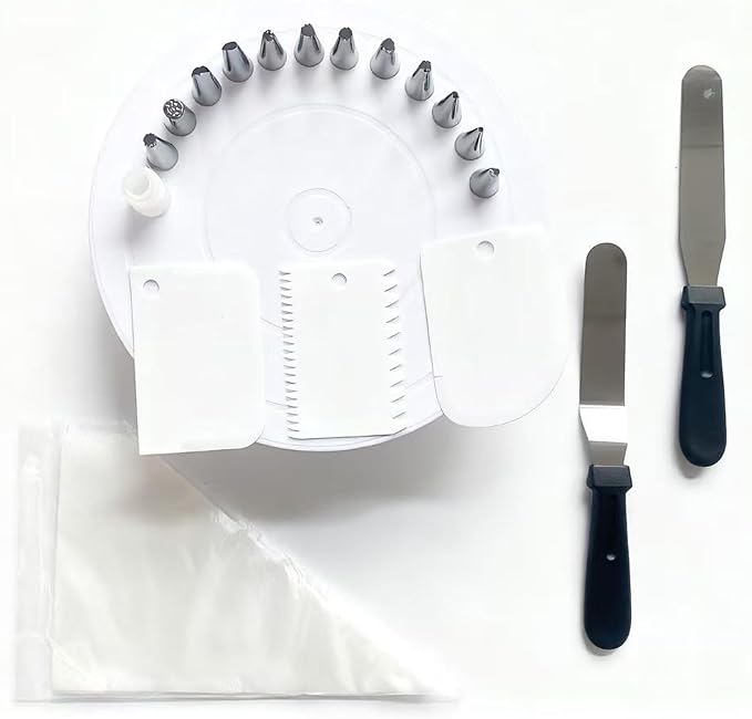 69PCS Cake Decorating Kit with Turntable, 12 Piping Tips, 50 Piping Bags, 3 Cake Scrapers & 2 Spatulas, Complete Cake Decorating Set and Baking Supplies for Beginners, Home Bakers