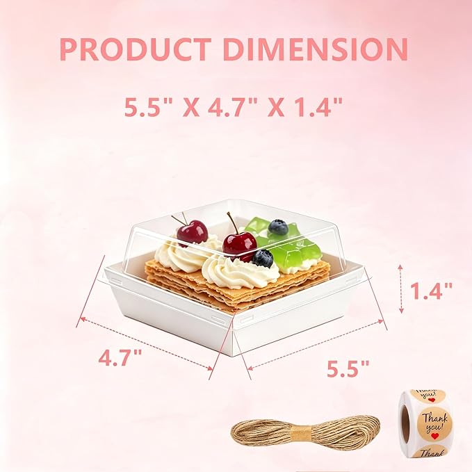 100 Pack Charcuterie Boxes with Clear Lids, White Paper Cake Sliced Boxes, 5 Inch Cute Square Dessert Boxes for Swiss Roll, Hamburger, Pasta, Salad, Cookie Wedding, Birthday