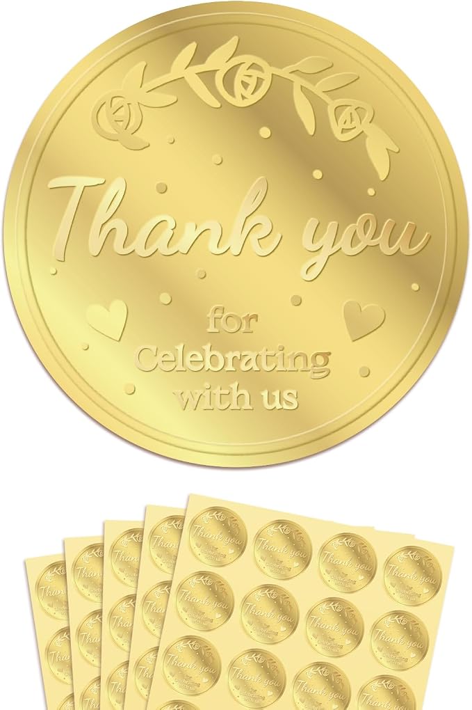 100 x Thank You for Celebrating with us Favor Stickers Labels, Gold Foil Tags Envelope Seals, Wedding Invitation Decor Foil Party Favor Stickers for Sealing Awards Embossing Certificates 1.5 Inch