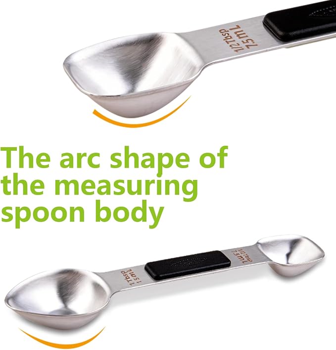 Stainless Steel Magnetic Measuring Spoons Set, Heavy Duty Metal Kitchen Gadgets for Baking & Cooking, Fits in Most Kitchen Spice Jars, Set of 4 with Leveler (Black)