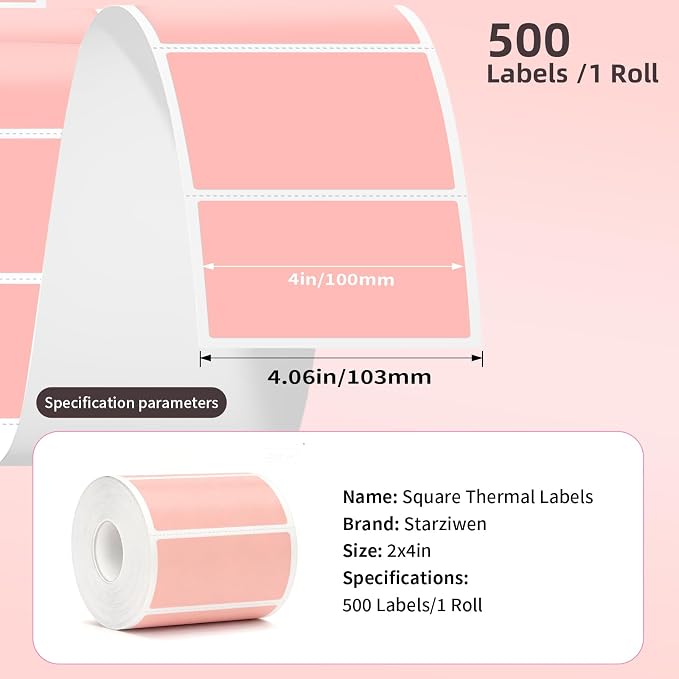 500 Labels/Roll 2" x 4" Pink Thermal Labels, Self-Adhesive Rectangle Thermal Sticker for Shipping, Address, Mailing, Branding, Small Business