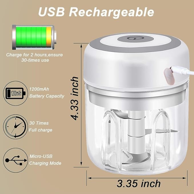 Electric Mini Garlic Chopper & Food Processor with Spoon & Brush - 2 Cup Portable Cordless Vegetable Blender, Onion Mincer with USB Charging for Baby Food, Chili, Herbs, Spices (White, 100+250ml)