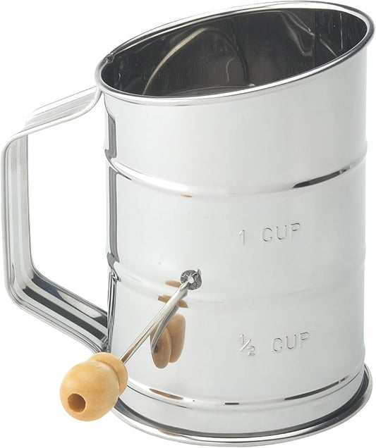 Mrs. Anderson's Baking Hand Crank Flour Sifter, Stainless Steel, 1-Cup Capacity, For Breaking Up Clumps And Aerating Flour And Powdered Sugar