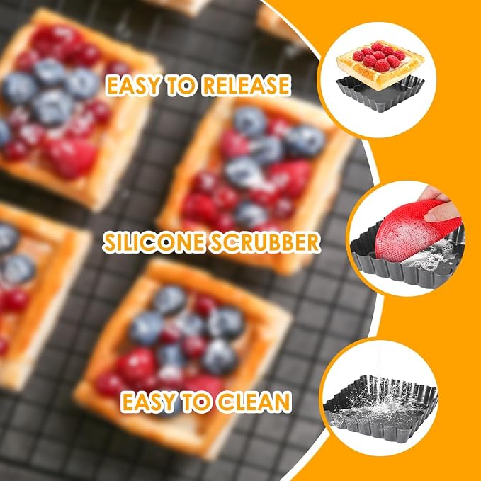 Mini Tart Pans Square 4 Inch 6Pcs with Removable Bottom, Nonstick Quiche Pan Mini Pie Pans with Oil Brush&Silicone Scrubber, Tart Pan with Fluted Side, Quiche Bakeware for Oven