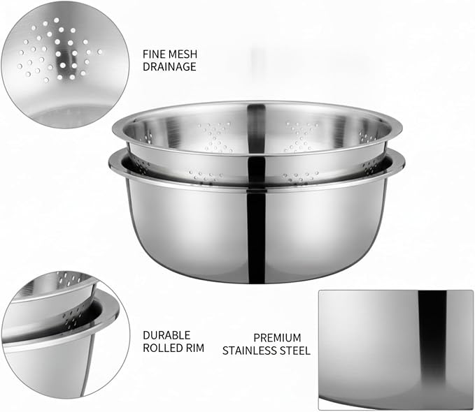 2-Piece Stainless Steel Nested Bowl Set, Deep Basin for Washing Veggies, Draining Pasta, and Food Prep (Silver)