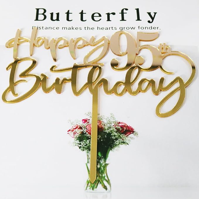 Happy 95th birthday cake Topper,Mirrored Gold Acrylic Durable Cake Topper,95th Birthday Party Cake Decorations,Hello 95th years old, Happy ninety-five years old, Birthday Party Decorations