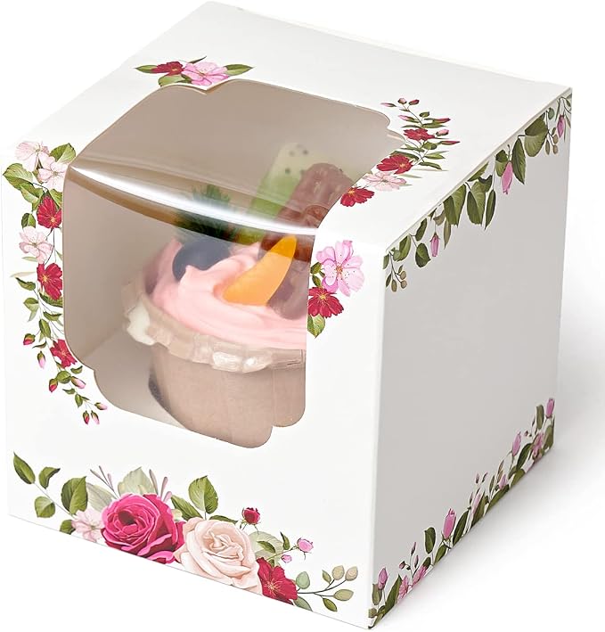 Happyhiram Cupcake Boxes 12 Pcs Roses Floral, Individual Mini Gift Box for Mother's Day Botanical Leaves Cupcake Containers Single for Mothers Day Gift Ornament Packaging Women's Birthdays